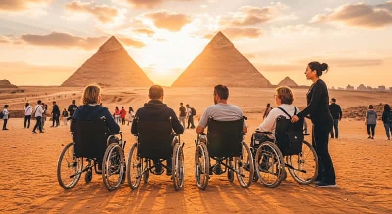 Egypt wheelchair accessible for disabled tour & cruise Four wheelchair users and a standing companion face the pyramids of Giza at sunset, bathed in golden light on sandy terrain, highlighting inclusive tourism at a historic Egyptian landmark.